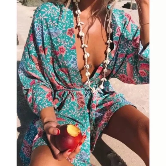 Teal Boho Floral Short Kimono Wrap Coverup Robe - Picture 2 of 14